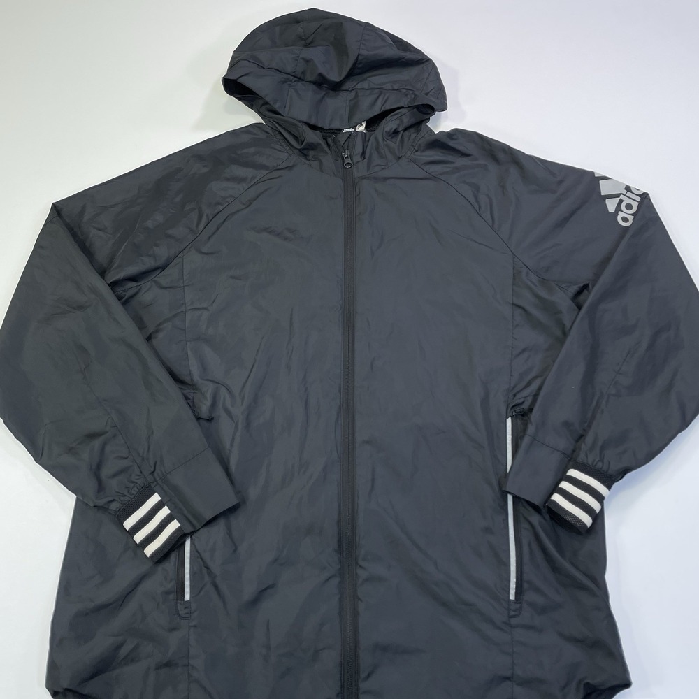 Adidas Windbreaker Hoodie Men's L Full Zip Vintage Black Zipper Pockets